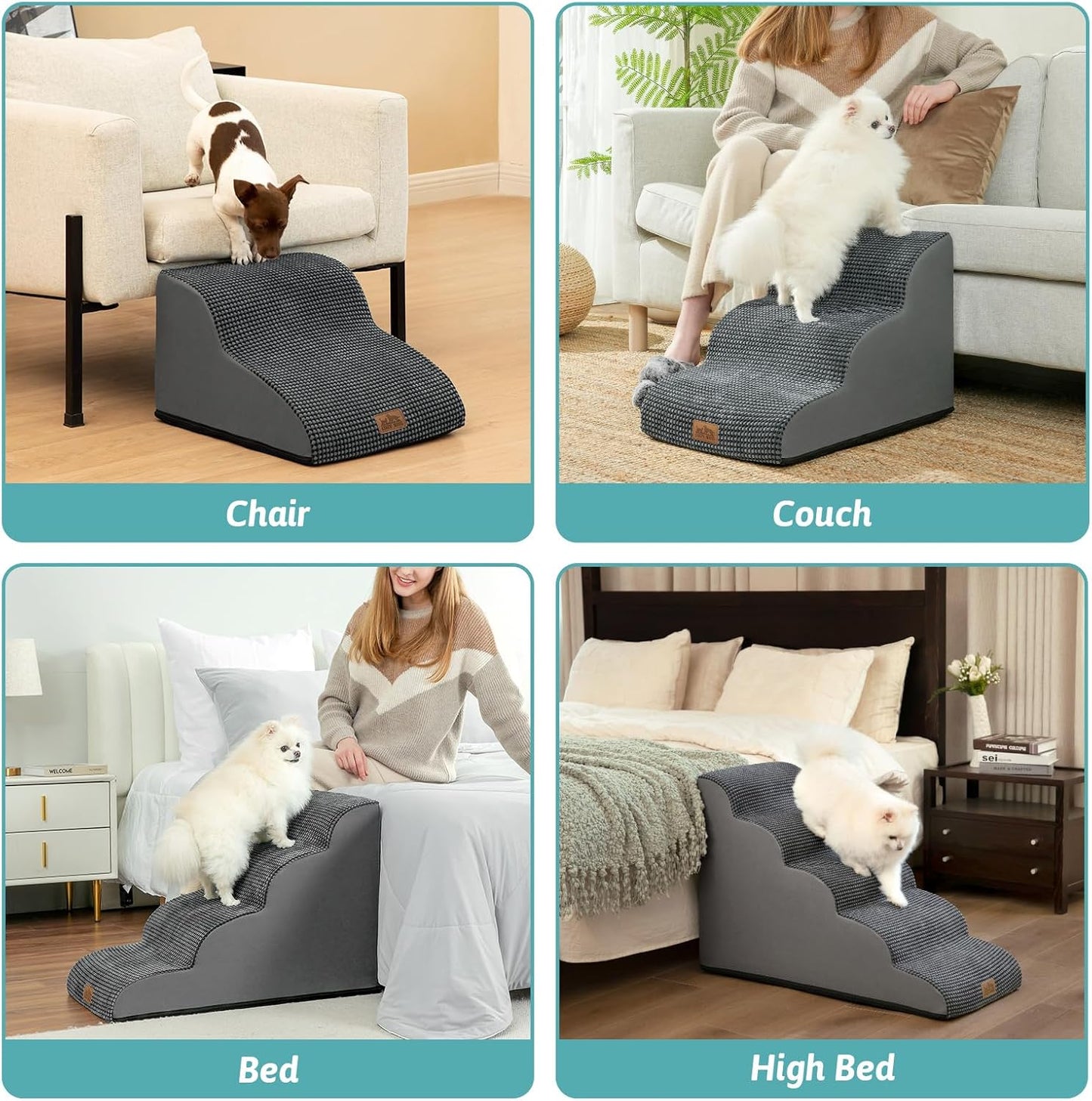 COZY KISS Dog Stairs for Small Dogs 15.7" H, Curved Dog Step for Puppy, Older Cat, Medium Pet Ramp for Sofa, Couch or Chair, Ladder with High Density Foam, 3 Step, 15.7x22.4x15.7 inch, Beige
