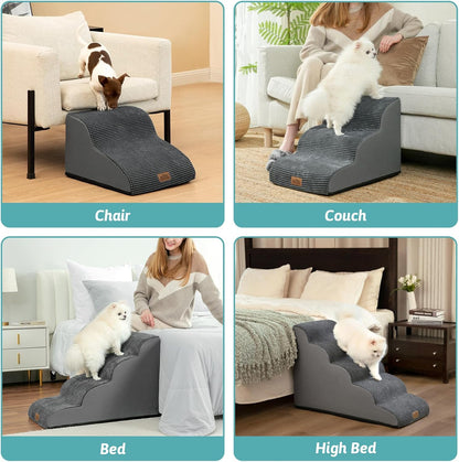 COZY KISS Dog Stairs for Small Dogs 15.7" H, Curved Dog Step for Puppy, Older Cat, Medium Pet Ramp for Sofa, Couch or Chair, Ladder with High Density Foam, 3 Step, 15.7x22.4x15.7 inch, Beige