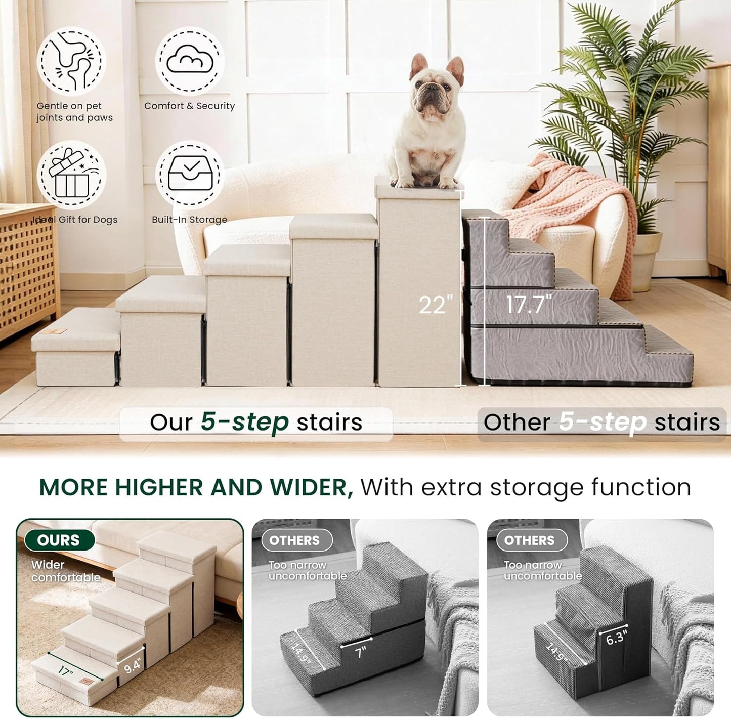 Love's cabin Dog Stairs with Storage 13" H, Foldable Pet Stairs for Small Medium or Large Dogs, Cat Puppy Steps Ramp with Zip up to 150 lbs, Solid Grey, 2 Steps
