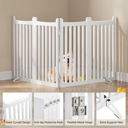 Yaheetech 36" H Extra Tall Freestanding Pet Gate 4-Panel Wooden Dog Fence with 2 Support Feet Folding Dog Gate for Indoor, Stairs, Doorways, Halls, Kitchen Wooden Pet Barrier White, 79.5" L x 36" H