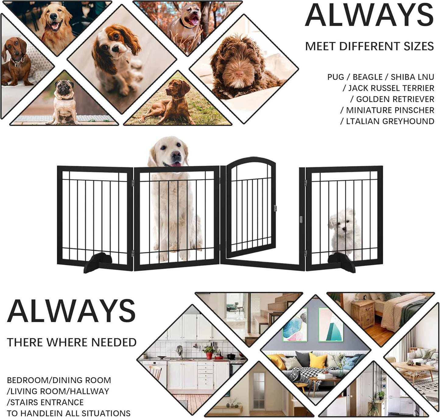 JSB 72-inch Extra Wide 28-inch Tall Dog gate, Freestanding Pet Gate for Halls, Stairs & Home, Pet Puppy Safety Dog Fence with 2PCS Support Feet (Black)