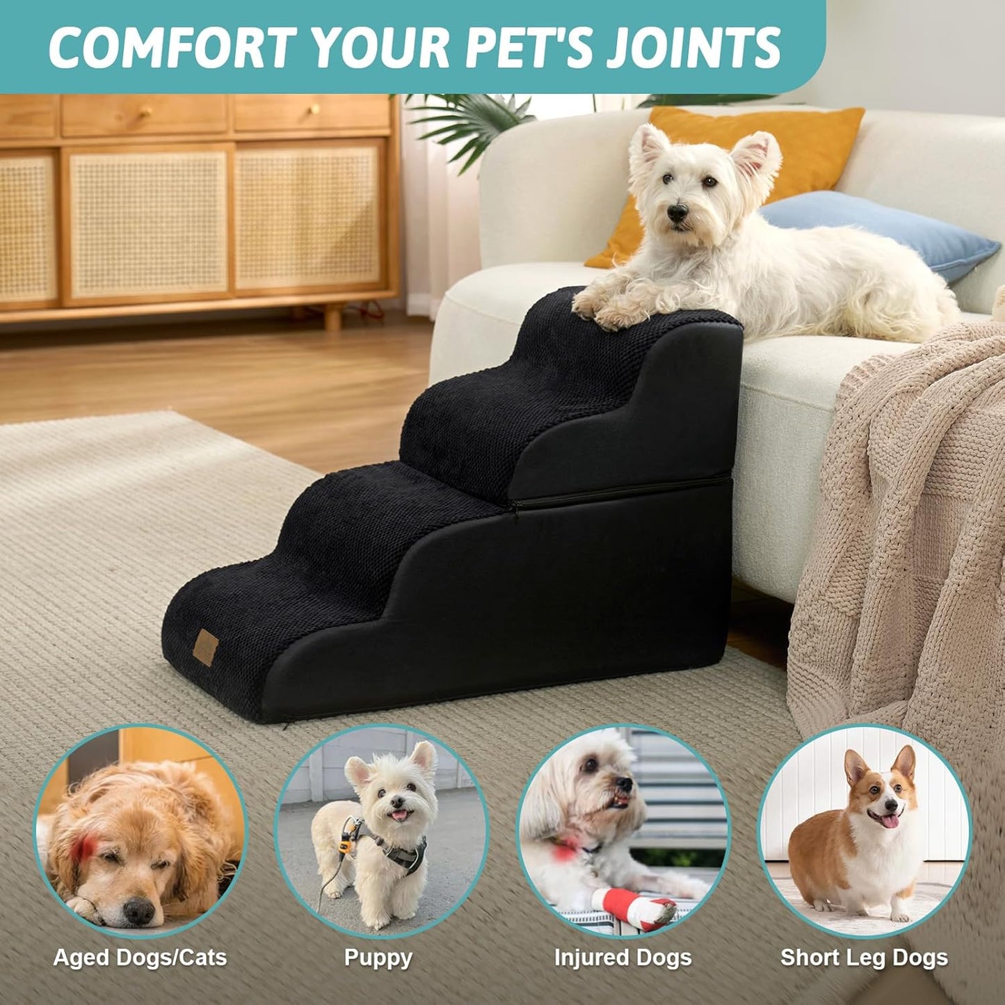 COZY KISS Extra Wide Dog Stairs with Tunnel, Foam Detachable Large Dog Step for Small Pet, Puppy or Cats, Medium Pet Ramp for High Bed, Couch, Sofa or Car, 19.7x33x22.4 inch, 5 Step, Beige