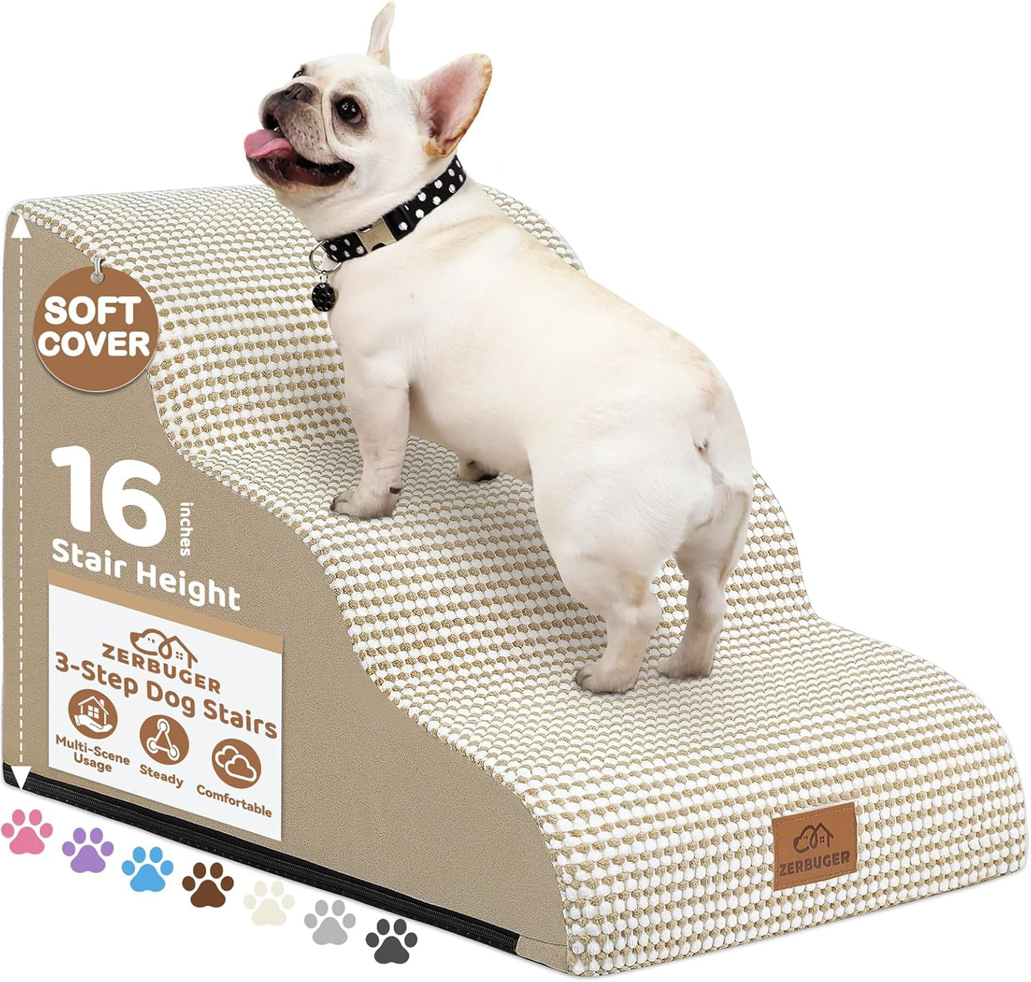 Zerbuger Dog Ramp and Stair for Bed 16" H-20 H,3-Step Cat Stair for Sofa and Chair,4-Step Dog Ramp for High Bed and Window,Durable Nonslip Fabric Cover for Indoor (Coffee-16 H, Pet Friendly, 3)
