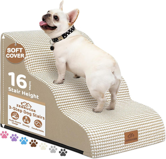Zerbuger Dog Ramp and Stair for Bed 16" H-20 H,3-Step Cat Stair for Sofa and Chair,4-Step Dog Ramp for High Bed and Window,Durable Nonslip Fabric Cover for Indoor (Coffee-16 H, Pet Friendly, 3)