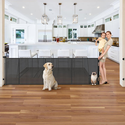 Reinforced 120 Inch Wide Retractable Baby Gates Extra Wide Pet Gate with Cat Door 10ft Extra Long Baby Gates for Large Openings 33 Inch Tall Reinforced Strips Retractable Dog Gate with Cat Door, Black