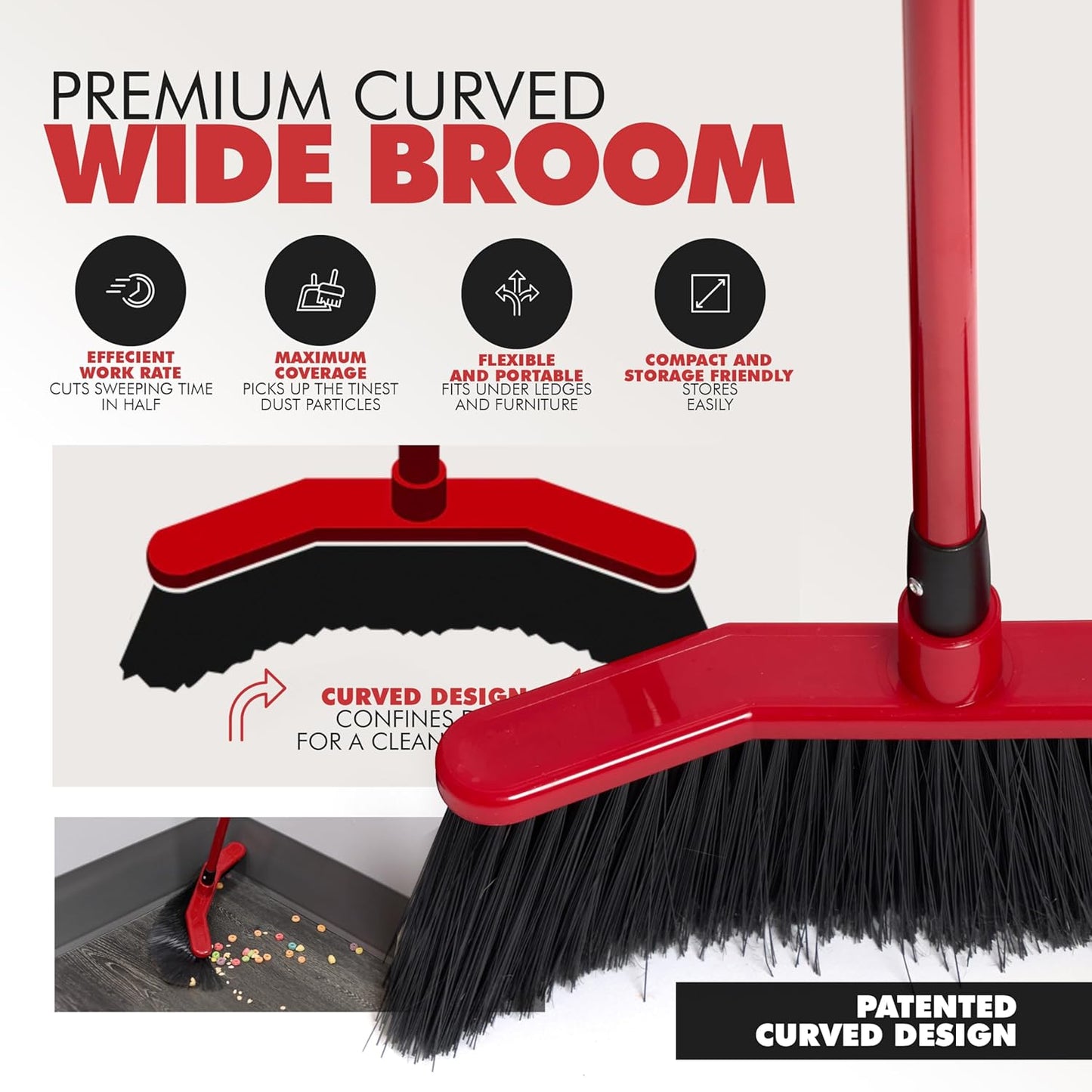 Da Vinci Angle Broom Dustpan Combo Set – Pack of 2, 16" Curved Head, 52" Adjustable Telescopic Handle, Soft PVC Bristles, Indoor Outdoor Broom and Dustpan Set for Kitchen, Pet Hair, Dust & Debris