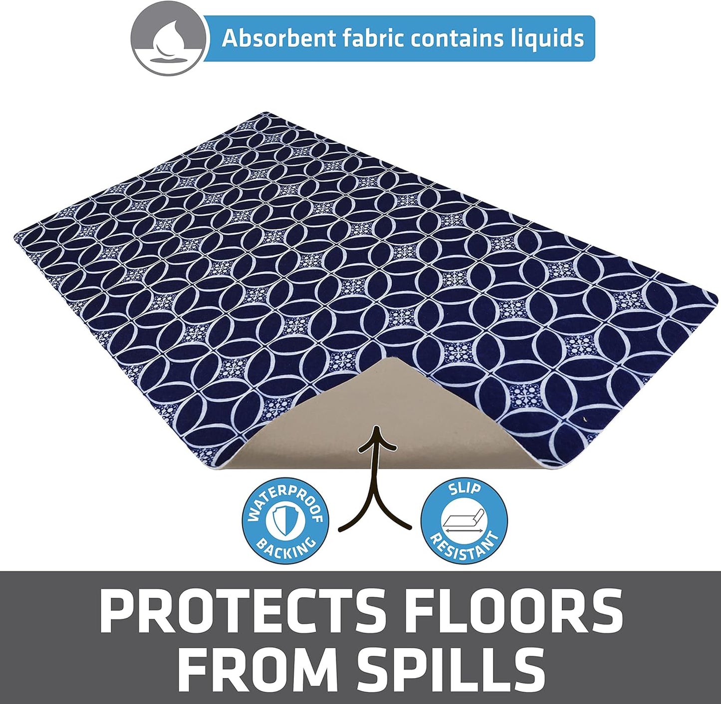 Drymate Pet Bowl Placemat, Dog & Cat Food Feeding Mat - Absorbent Fabric, Waterproof Backing, Slip-Resistant - Machine Washable/Durable (USA Made) (12” x 20”) (Indigo)