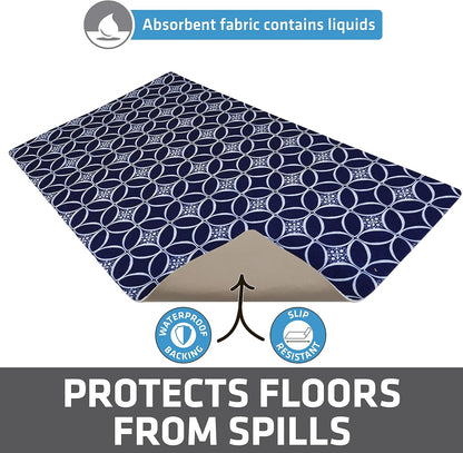 Drymate Pet Bowl Placemat, Dog & Cat Food Feeding Mat - Absorbent Fabric, Waterproof Backing, Slip-Resistant - Machine Washable/Durable (USA Made) (12” x 20”) (Indigo)