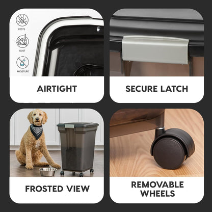 IRIS USA Airtight Dog Food Storage Container, WeatherPro, Up to 40 lbs, Removable Wheels, for Dog Cat Bird and Other Pet Food Storage Bin, Keep Fresh, Translucent Body, Made in USA, Smoke/Black