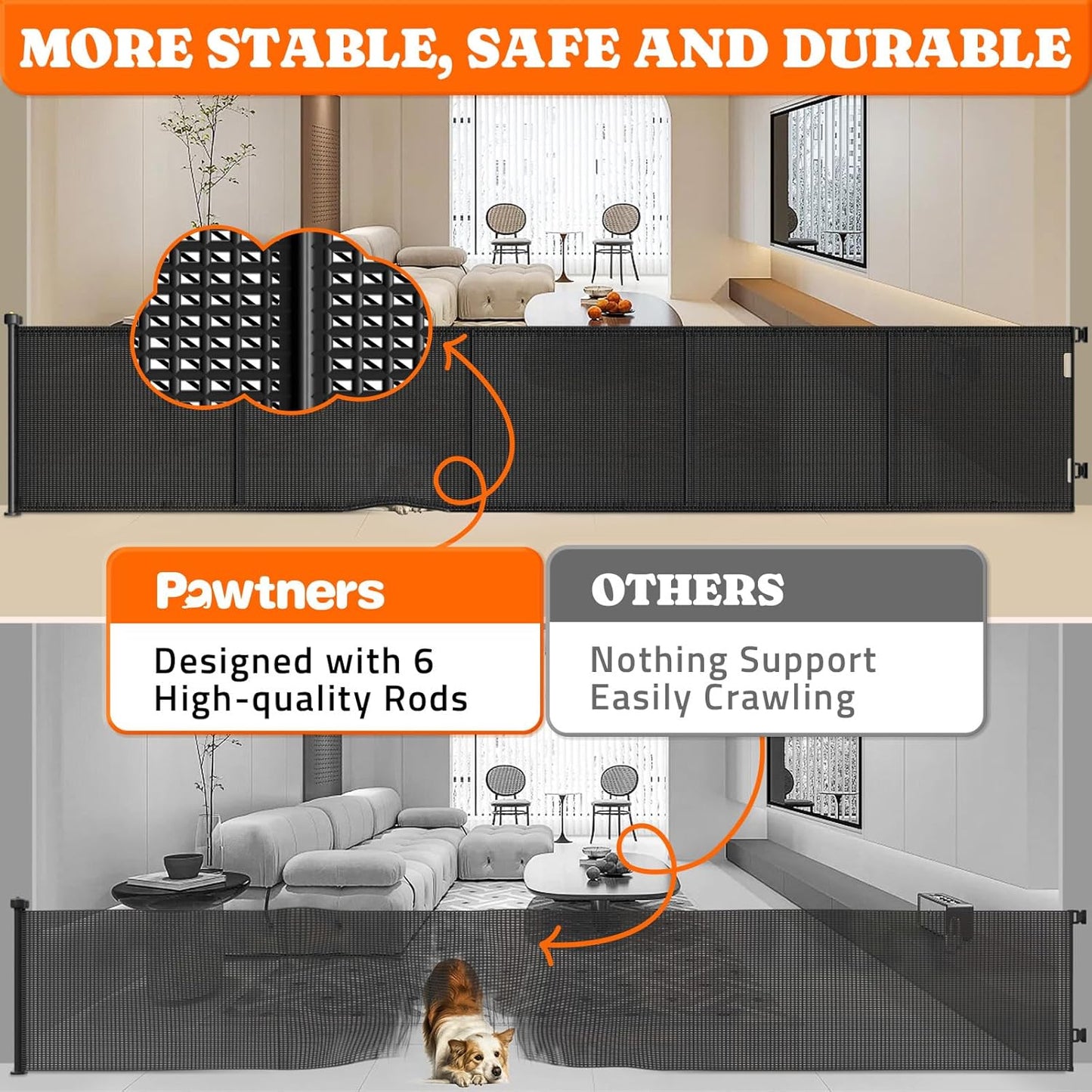 Pawtners Retractable Baby Gates Extra Wide, 41" Tall Extends up to 71" Wide, Dog Gate Indoor for Stairs, Pet Gate with Support Rods for Doorways Hallways Indoor & Outdoor-Black