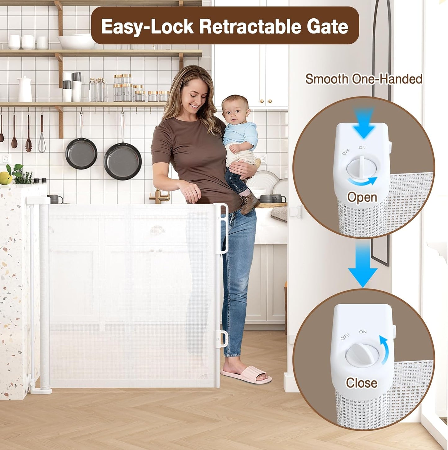 Reinforced 120" Extra Wide Retractable Baby Gates for Stairs, Mesh Saftey Gate for Pets, 10 Foot Retractable Dog Gate, No Drilling, One-Hand Operation, Retractable Gate for Indoor & Outdoor Use