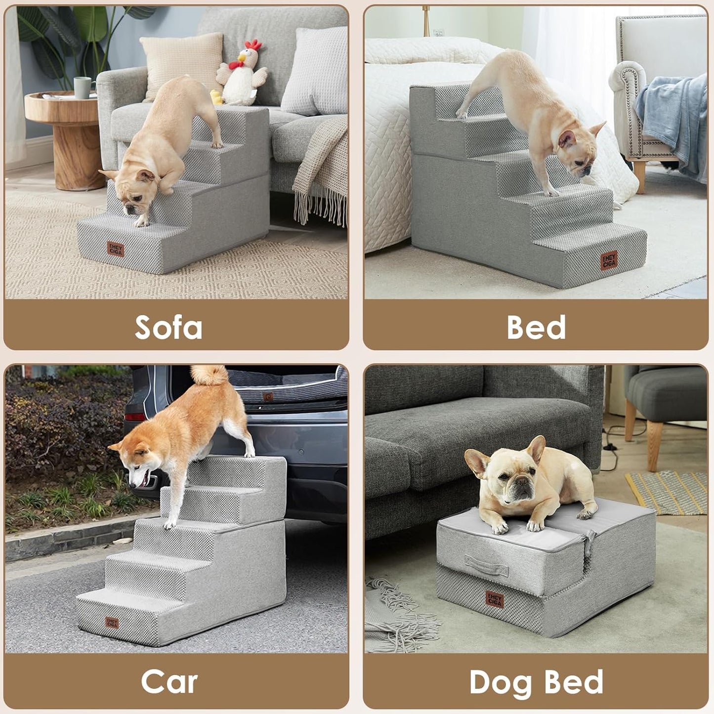 EHEYCIGA Dog Stairs for High Bed 22.5" H, 5-Step Dog Steps for Bed, Pet Steps for Small Dogs and Cats, Non-Slip Balanced Pet Ramp Indoor, Grey