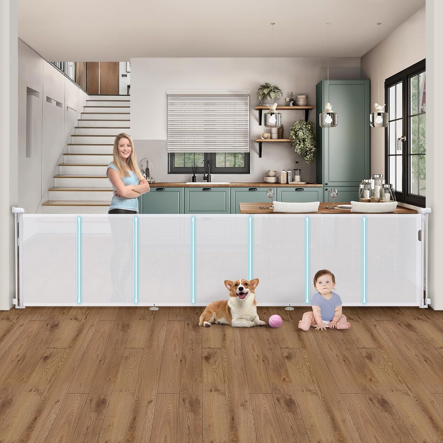 Retractable Baby Gates Extra Wide 150" × 34" Tall for Large Opening 12.5 Foot Retractable Dog Gate for Doorways, Stairs, Aisle, Indoor/Outdoor Retractable Gate for Garage, Hallways, Deck