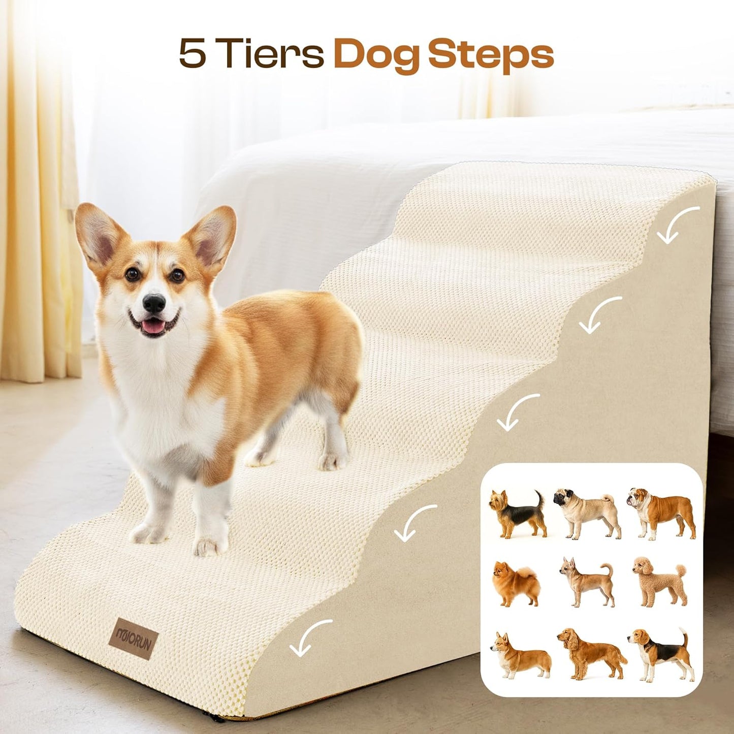Extra Wide Dog Stairs for Large Dogs Up to 80lbs, 25" Pet Steps for High Bed with Washable Cover, 5-Step Foam Bed & Couch Ladder for Small Medium Dogs & Senior Cat, Gray