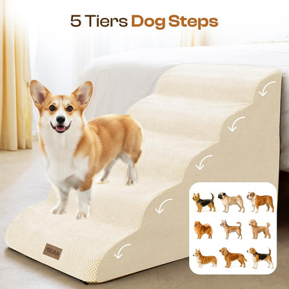 Extra Wide Dog Stairs for Large Dogs Up to 80lbs, 25" Pet Steps for High Bed with Washable Cover, 5-Step Foam Bed & Couch Ladder for Small Medium Dogs & Senior Cat, Gray