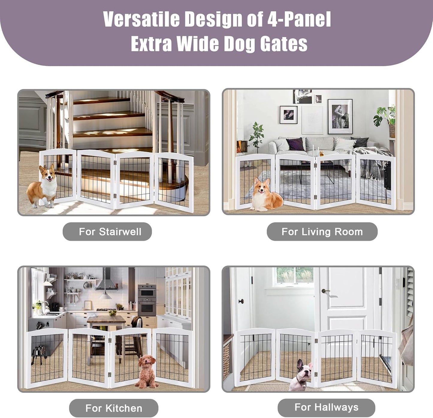 LZRS 2-Panel Freestanding Foldable Wood Dog Gate – Solid Wood & Steel Wire, Chew-Resistant Pet Barrier for Indoor Use, Ideal for Small to Medium Dogs, White