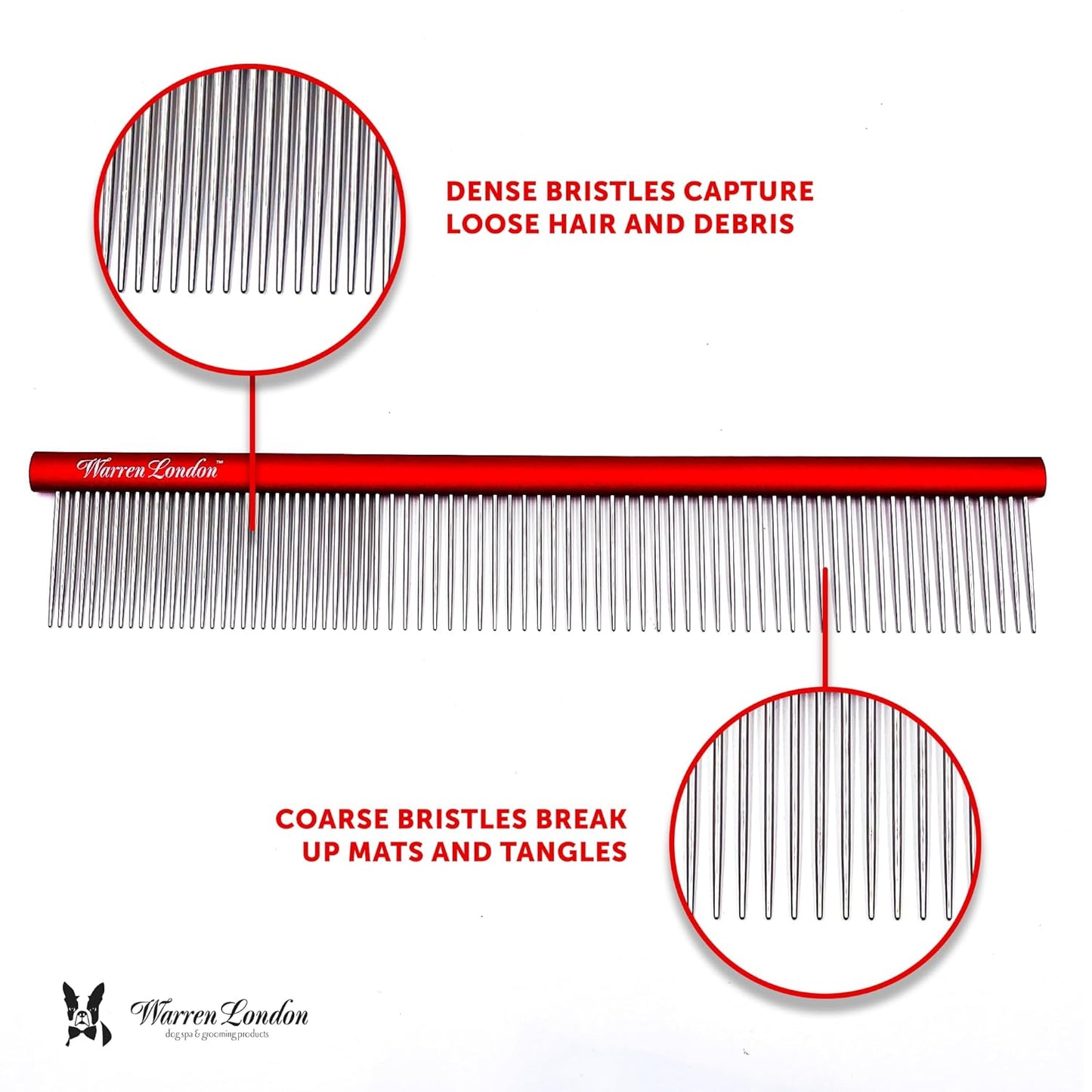 Warren London Detangling Strong Comb for Dogs | 10 inches | Comfort Control Durability and Detail for Small Medium Large Dogs | Ergonomic Dog Cat Grooming Pet Supplies Deshedding Mat Tool