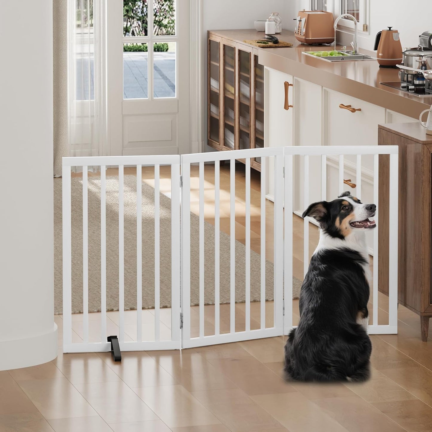 Freestanding Foldable Dog Gate - 4 Panel Room Divider with Metal Support Feet (Black)
