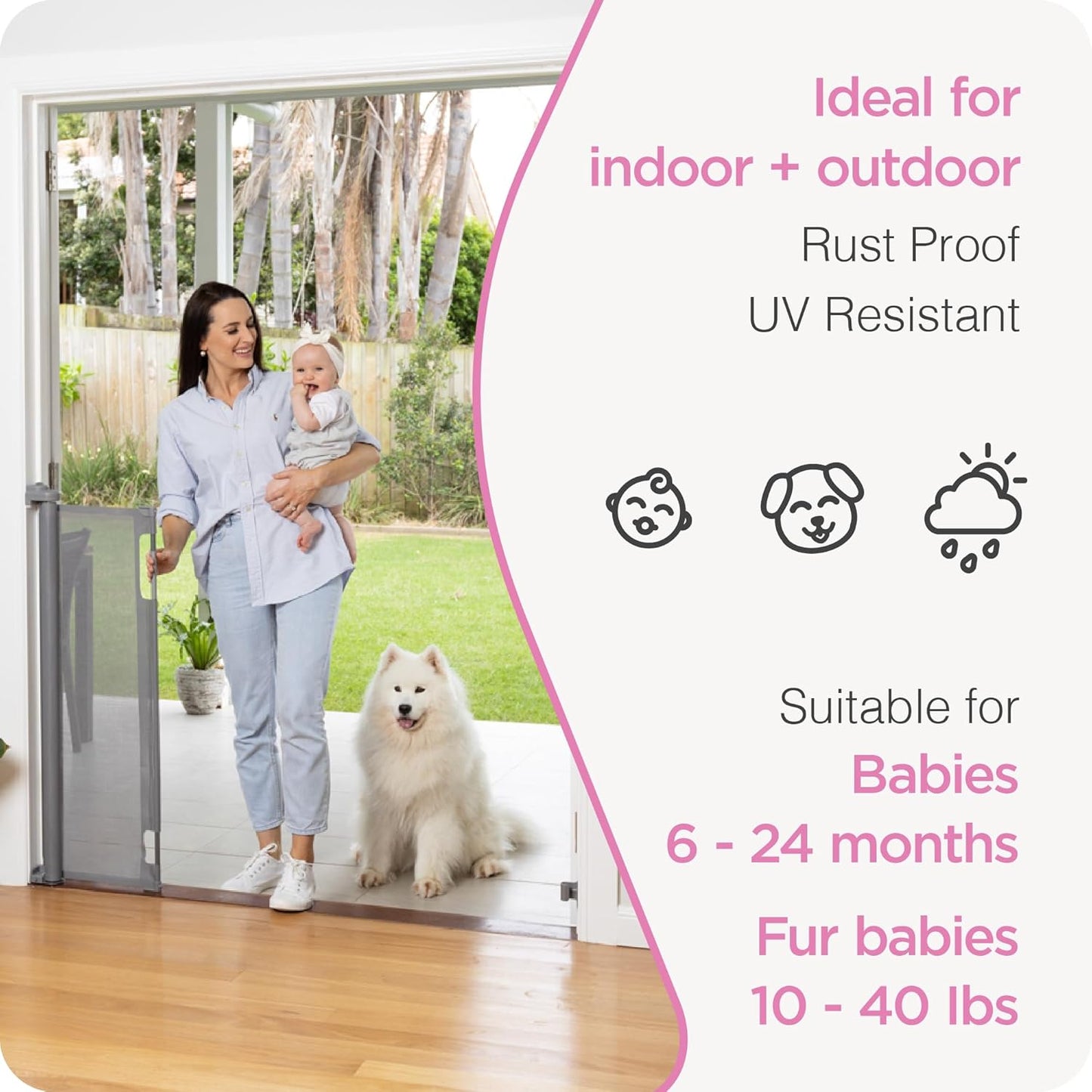 Retractable Baby Gate Perma Child Safety 33" Tall x 55” Wide, Mesh, for Stairs, Doorways, Dogs, Pets, Indoor, Outdoor, One-Handed Operation, Locking, Easy Install, Hardware Mount, Black