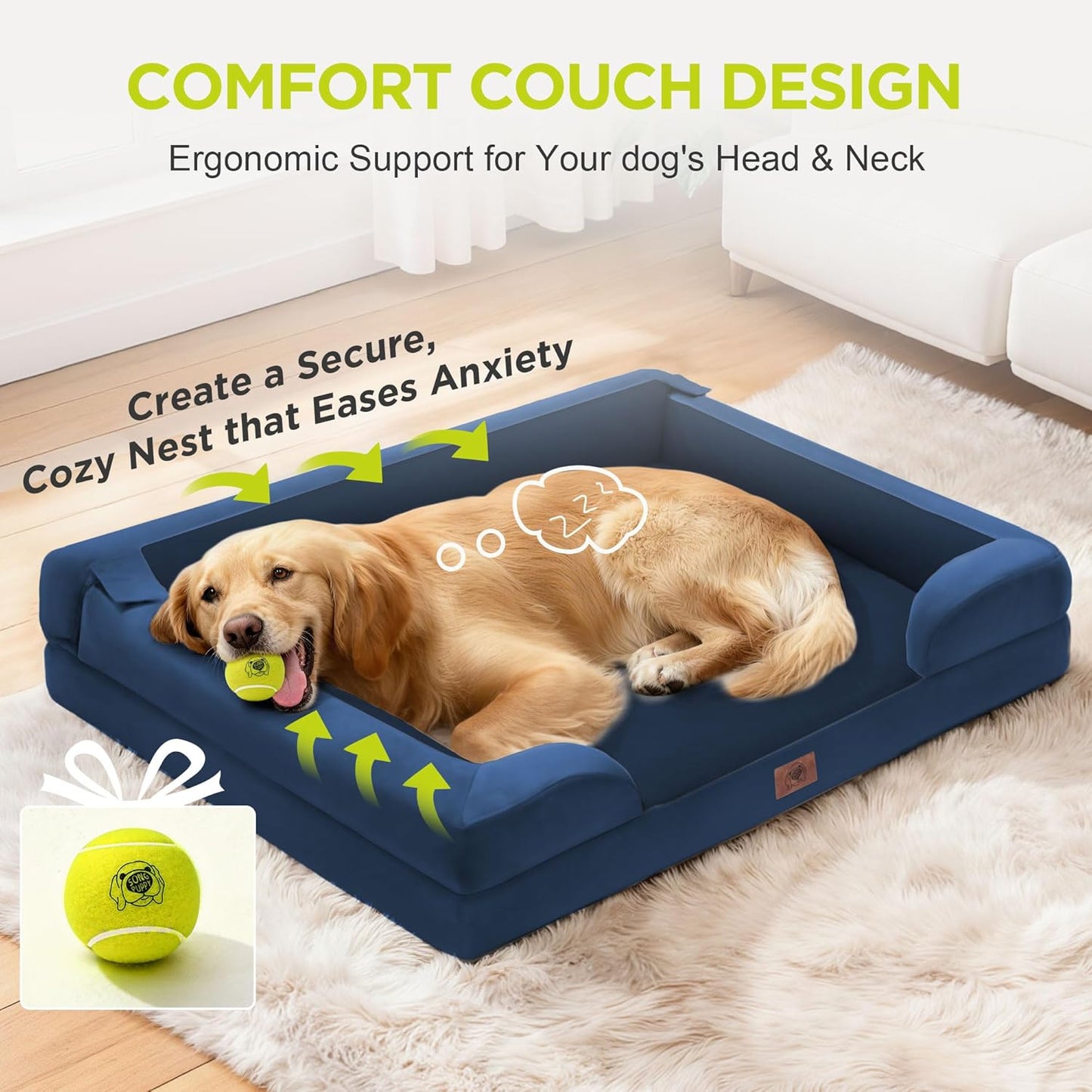 Extra Large Dog Bed, Orthopedic XL Washable Memory Foam Bed for Big Dogs Waterproof Pet Couch Sofa Bolster with Removable Cover, Non-Slip Bottom, Tennis Ball Toy, 42x30