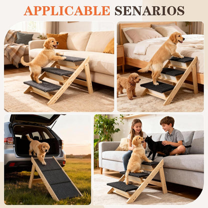 Dog Ramp, Durable Pet Stairs for High Beds, 2-in-1 Foldable Wooden Dog Steps for Couch and Car, Joint-Friendly Stairs for Senior Dogs, Non-Slip Carpeted Pet Steps with High-Weight Capacity