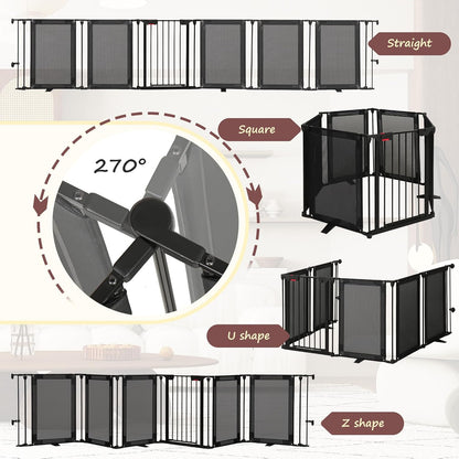 Freestanding Dog Gate, 100" Extra Wide Pet Gate with Auto-Close Door, Foldable Grip-Resistant Dog Fence for Indoor/Outdoor, 29" Tall Pet Barrier for Stairs/Doorways/Fireplace (4 Panels, Black)