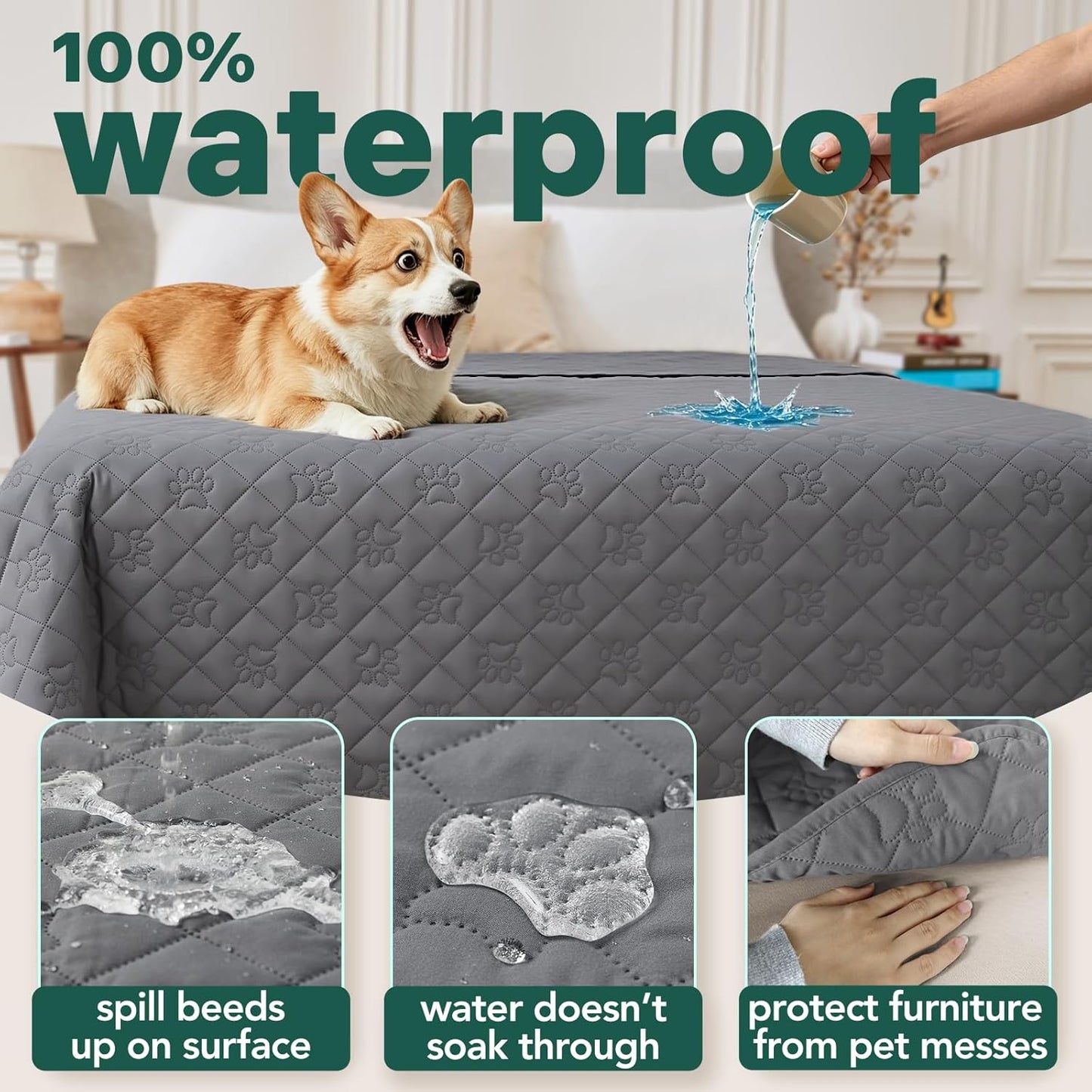 PAWFINITY Waterproof Couch Cover for Dogs, Pee Proof Pet Blanket, Paw Print Quilted, Pet Hair Resistant, Scratch-Resistant, Washable Furniture Protector for 2-3 Seat Sofa and Bed, 30x70 Inch, Grey