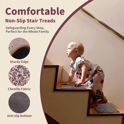 Non-Slip Stair Treads for Wooden Steps 15pcs,8"x30" Stair Carpet Treads for Indoor Use,Peel and Stick Stair Runners,Washable Reusable Adhesive Backing,Pet-Friendly Stair Capet for Kids,Elders,Dogs