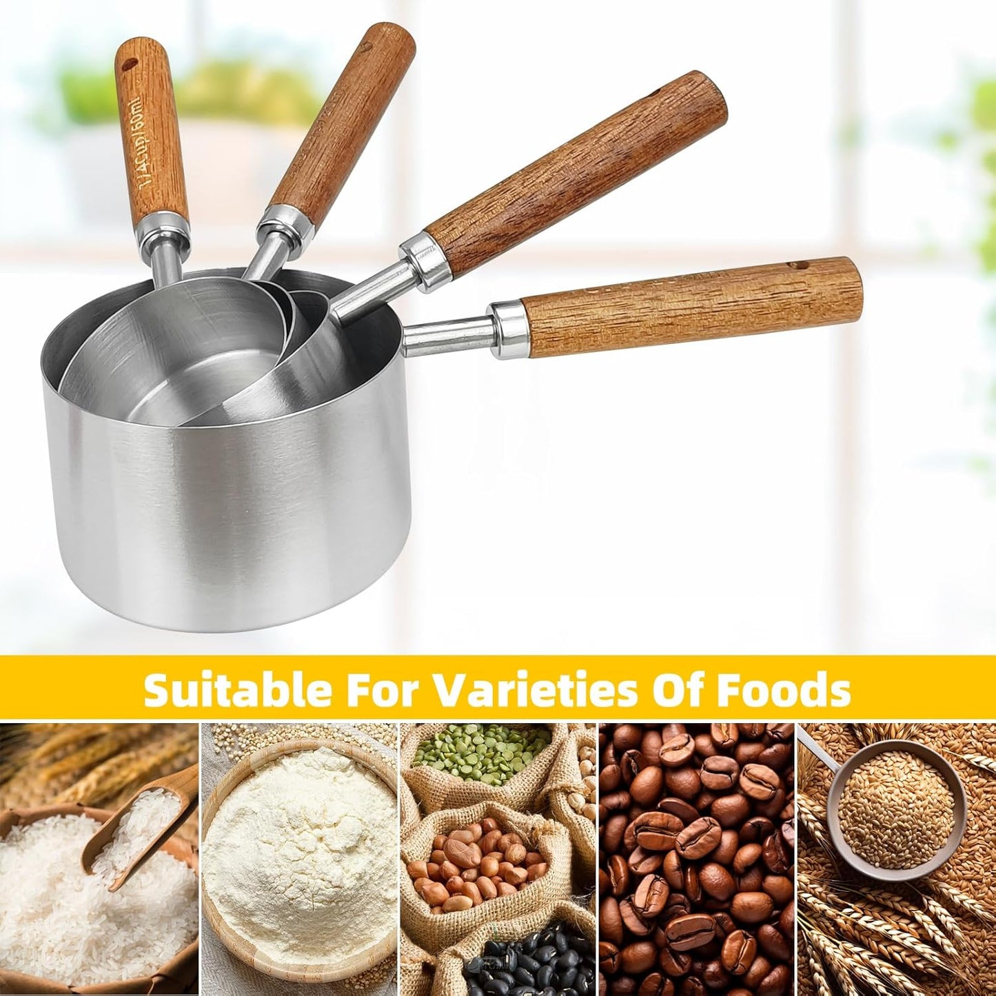 4 Pcs Dog Food Scoop, Stainless Steel 1 Cup, 1/2 Cup, 1/3 Cup, 1/4 Cup Measuring Cup, Cat Food Scoop with Wood Handle, Pet Food Scoop