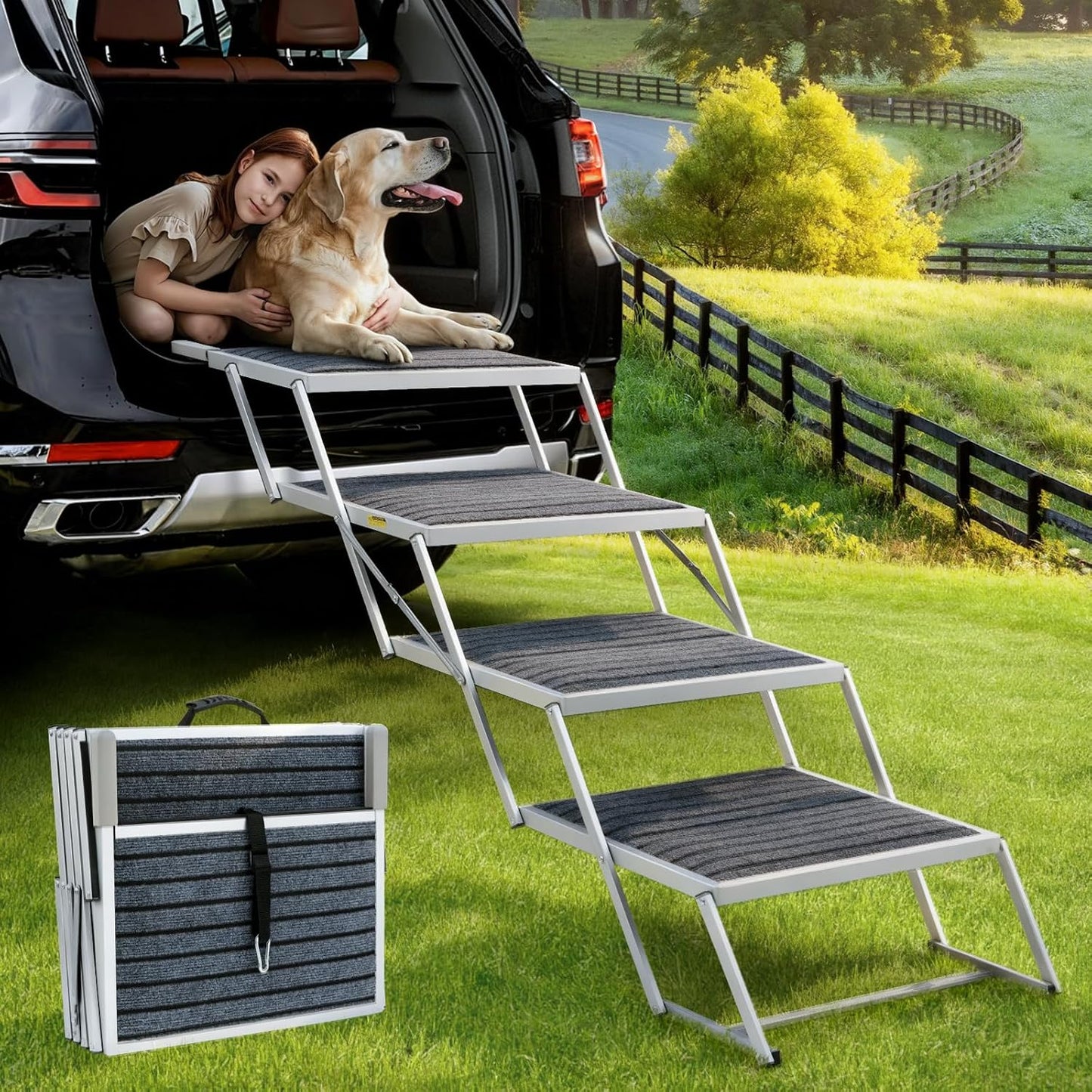 Dog Stairs for Large Dogs - 20" Extra Wide 4-Step Foldable Dog Ramp for Car/SUV/Truck & High Beds - Supports Large Dogs up to 200Lbs