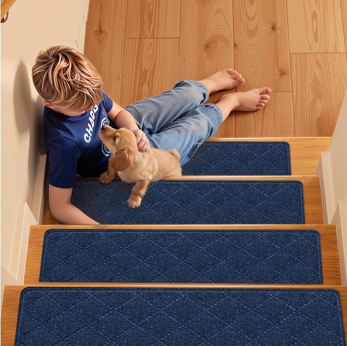 Stair Treads Non-Slip for Wooden Steps, 15Pack - 8" x 30" Edging Stair Runner Indoor for Kids Elders & Pets, Washable Carpet Stair Treads with Peel & Stick Reusable TPE Backing, Beige