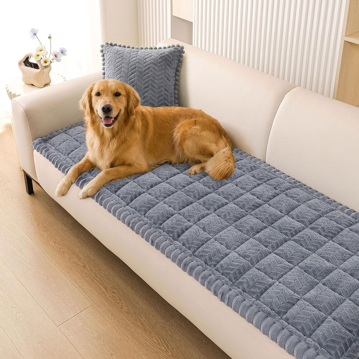 Smiry Non Slip Couch Covers for Dogs, Fuzzy Pet Couch Covers for 2-3 Cushion Sofa Pet Friendly, Soft Sofa Slipcovers Cushion Furniture Protector Washable (Beige, 27.6" x 59")