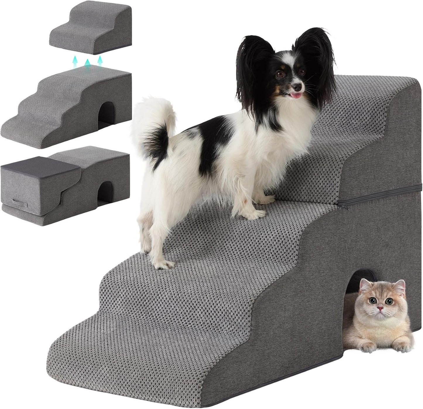 Dog Stairs for Bed 23’’ H, 5-Step Dog Steps for High Bed, Foldable Pet Stairs for Small Dogs and Cats to Get on Beds, Couch, Non-Slip Balanced Pet Steps and Ramp with Waterproof Cover, Grey