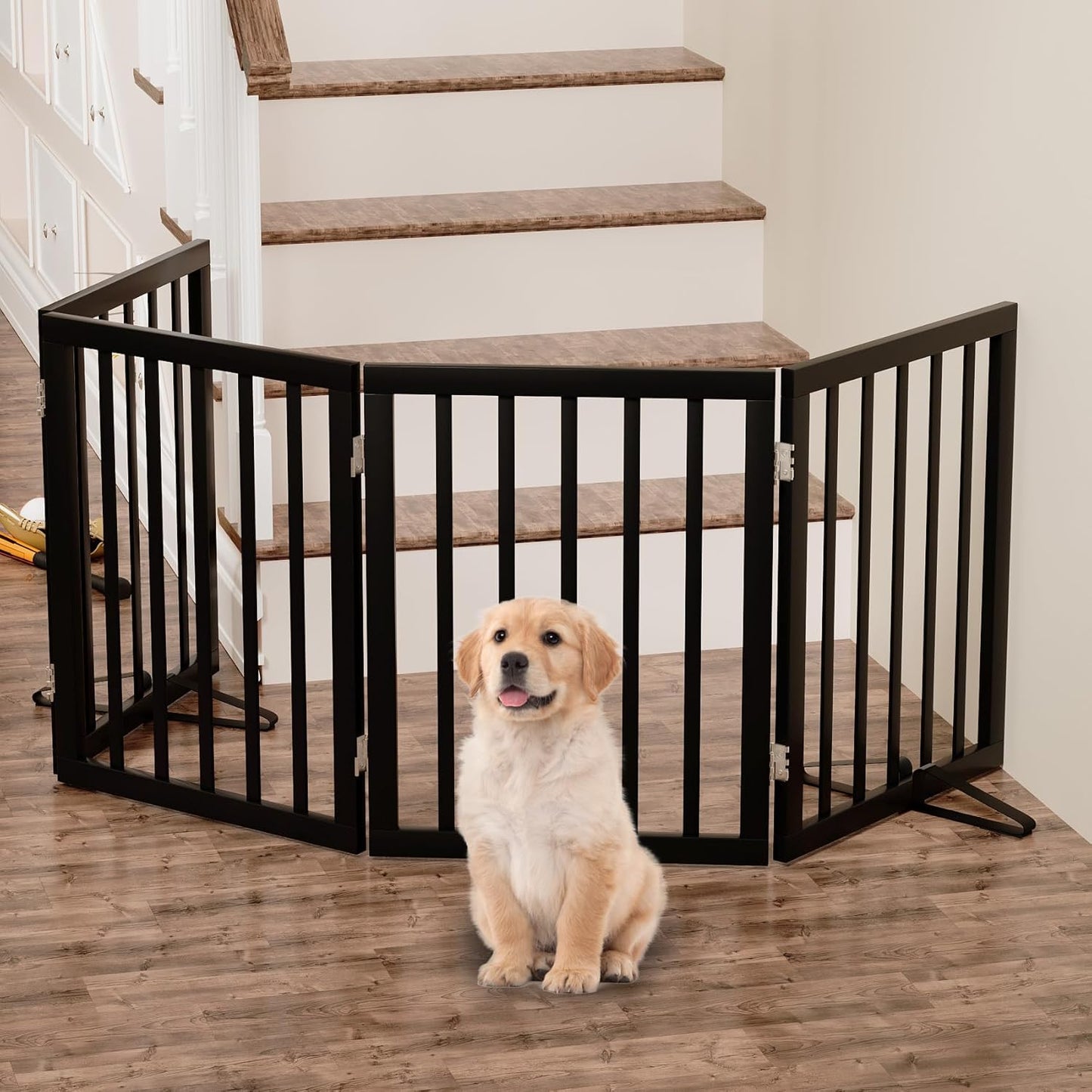 Freestanding Foldable Dog Gate - 4 Panel Room Divider with Metal Support Feet (Black)