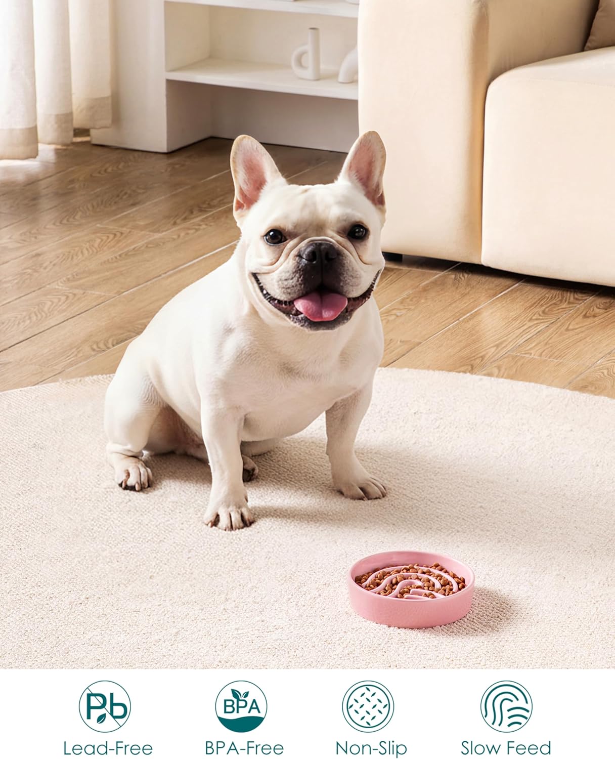 vancasso Slow Feeder Dog Bowl, 1.5 Cup Ceramic Slow Feeding Food Dish for Small and Medium Breed, Puzzle Dog Food Bowl for Fast Eater, Pink