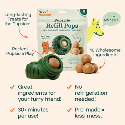 WOOF Pupsicle Refill Pops - Low-Mess Dog Snacks - with Peanut Butter and Beef - Dog Treats - Long Lasting - Large Pops - 7 Count