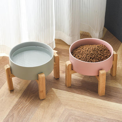 6'' Ceramic Raised Dog Bowl - 30Oz Dog Food & Water Bowl with Elevated Non-Slip Bamboo Stand, Dishwasher & Microwave Safe, Anti Vomiting Heavy Duty Pet Bowl for Small and Medium Dogs, White