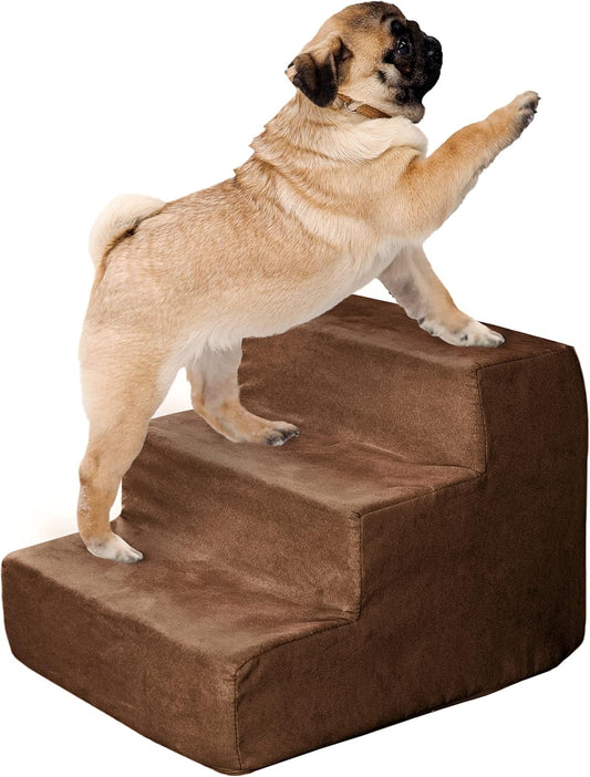 3-Step Pet Stairs - Nonslip Foam Dog and Cat Steps with Removable Zippered Microfiber Cover - 2-Tone Design for Home or Vehicle Use by PETMAKER (Tan)