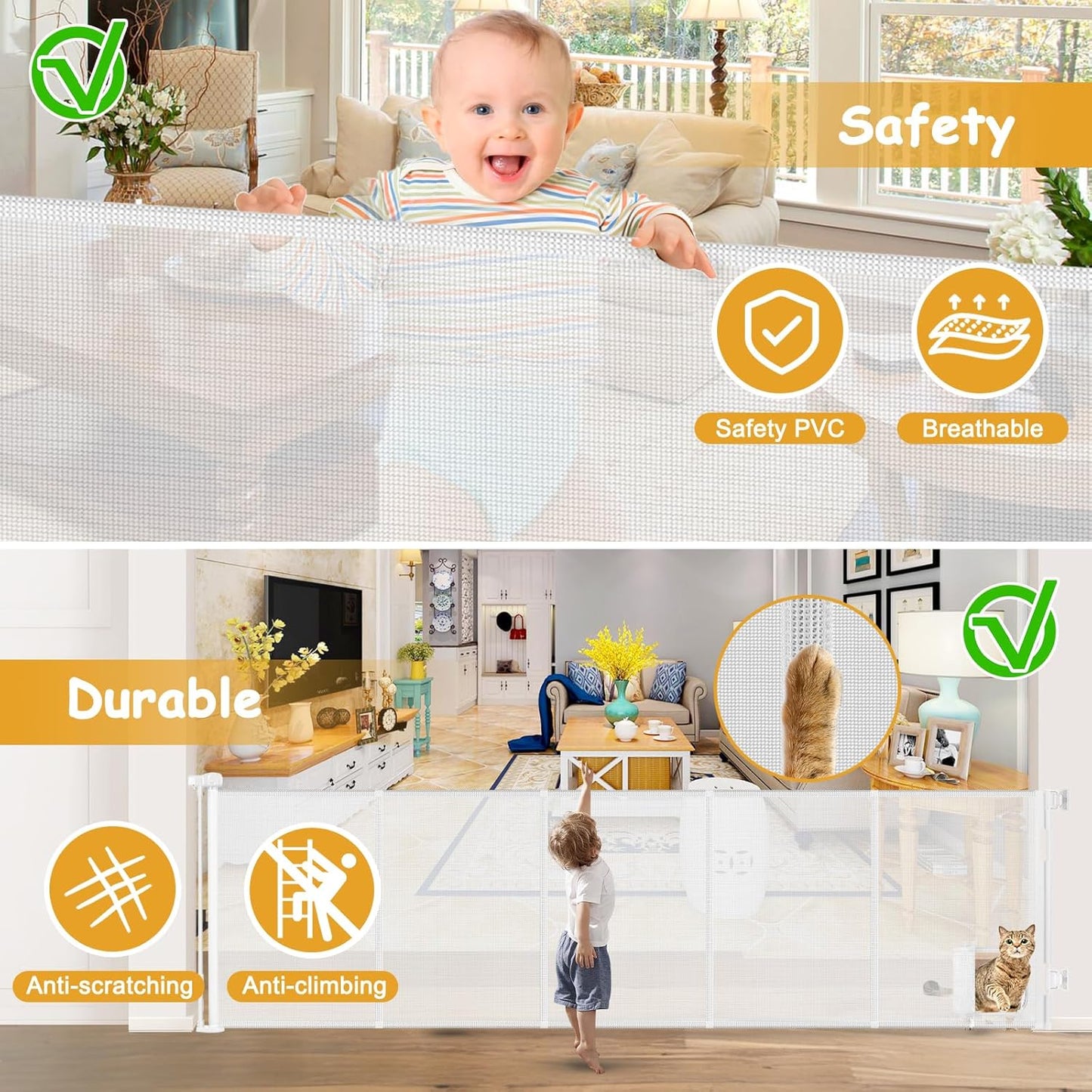 Reinforced 120 Inch Wide Retractable Baby Gates Extra Wide Pet Gate with Cat Door 10ft Extra Long Baby Gates for Large Openings 33 Inch Tall Reinforced Strips Retractable Dog Gate with Cat Door, Black
