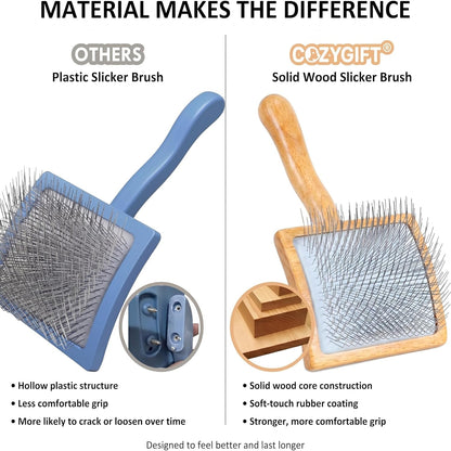Slicker Brush for Doodles and Poodles - 2-Piece Solid Wood Dog Grooming Set with Extra Long Pin Dematting Tool and Metal Comb for Curly, Matted & Thick Hair, Purple