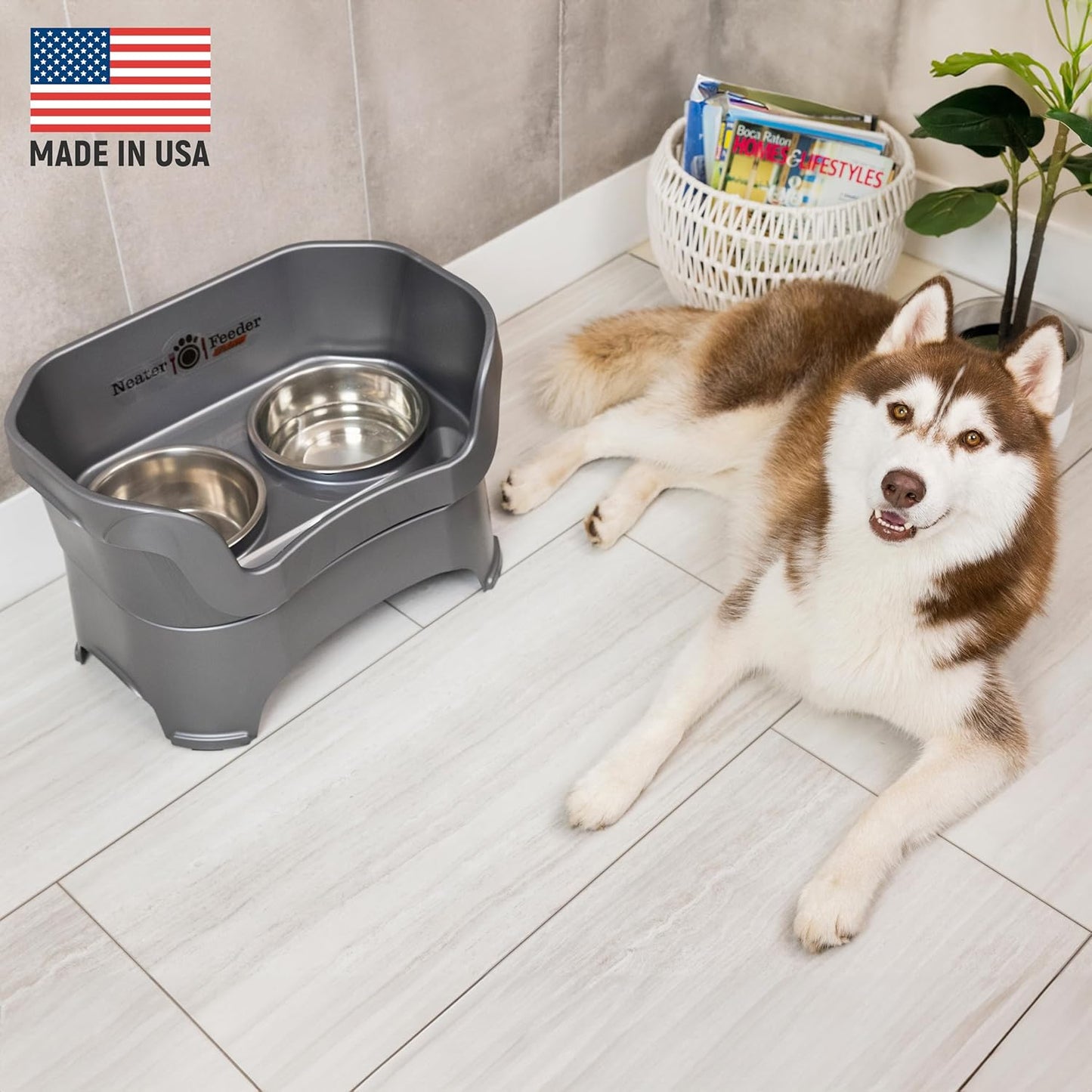 Neater Pet Brands Neater Feeder Deluxe Mess Proof Dog Bowls Elevated for Large Dogs Over 40 lbs, Made in USA, No Spill Raised Dog Food Bowl Stand Feeding Station, Food and Water Bowl Set, Black