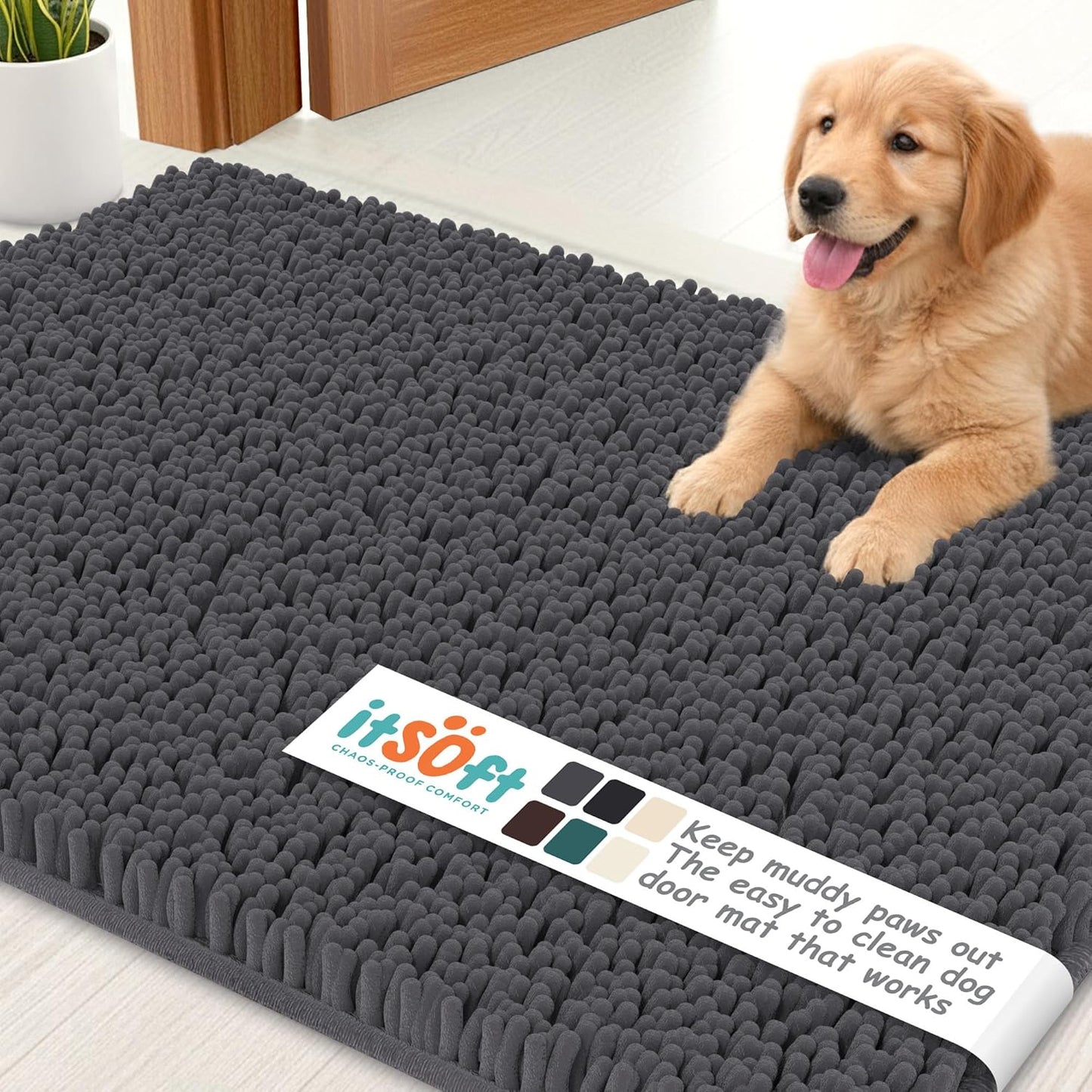 Dog Rugs for Muddy Paws 22x14 | Cleaner Mud Free Floors | Muddy Dogs Mats for Indoor, Dog Mat for Muddy Paws Door Mat Washable, Absorbent Chenille Mud Rug Paw Matt w/ Non Slip Backing, Charcoal Grey