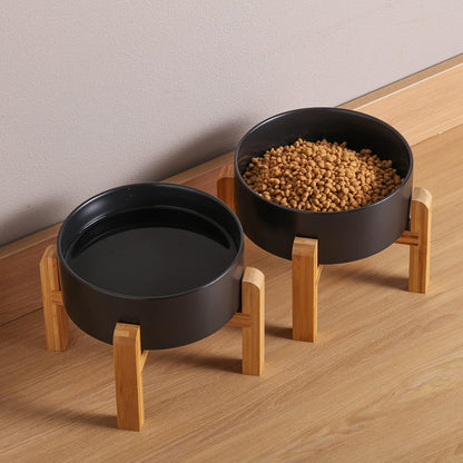 Black Elevated/Raised Dog Bowl Ceramic with Wood Stand for Medium Large Breed,Dog Food Water Dish Heavy Weighted,8 in Non Slip Modern Cute Porcelain Pet Bowl Extra Large