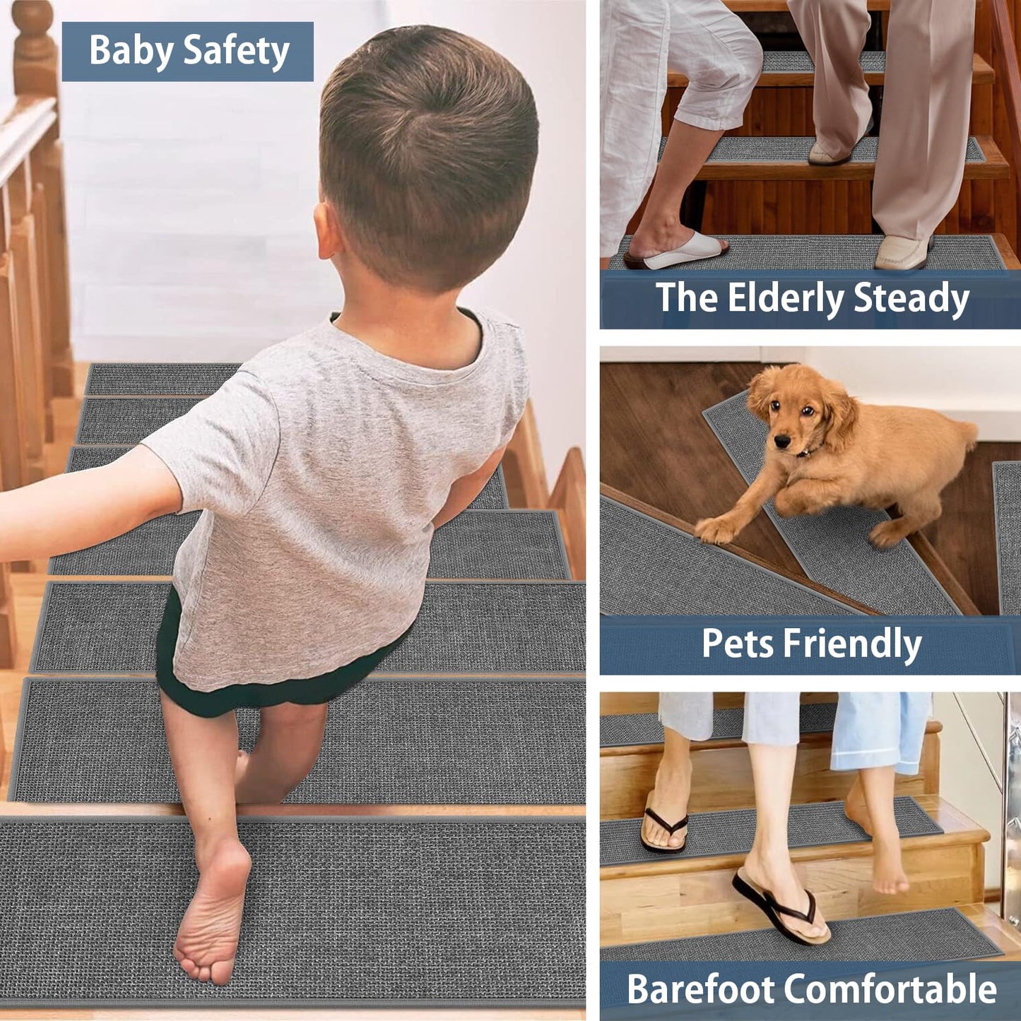 Peel and Stick Adhesive Stair Treads for Wooden Steps Indoor Set of 15 Pack, Rubber Backed Non Slip Jute Stair Rug Step Pads for Pet Dog, Elders and Kids, Beige