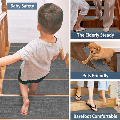 Peel and Stick Adhesive Stair Treads for Wooden Steps Indoor Set of 15 Pack, Rubber Backed Non Slip Jute Stair Rug Step Pads for Pet Dog, Elders and Kids, Beige