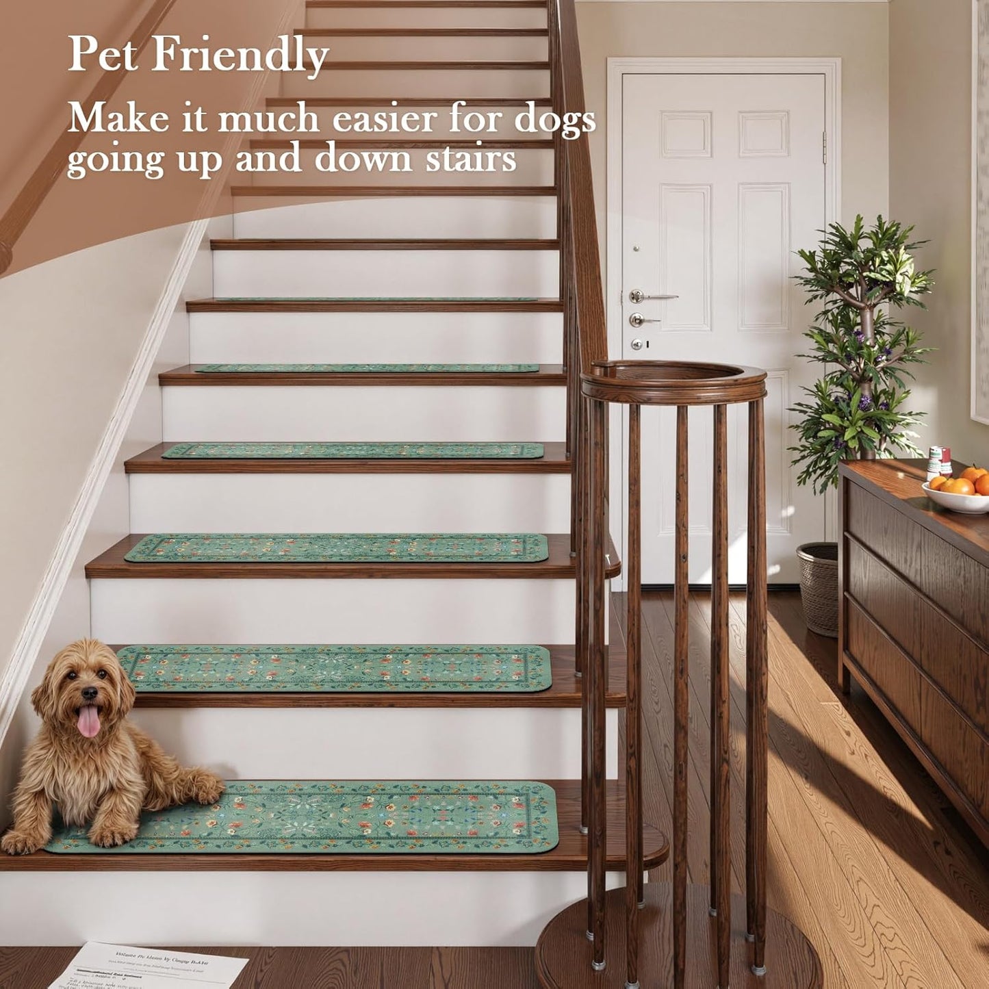 OJIA Floral Stair Treads Non-Slip Carpet Stair Treads for Wooden Steps Indoor 15PCS 30"x8" Stair Runner Stair Mats Staircase Step Treads for Kids, Elders and Dogs, Stair Covers, Black