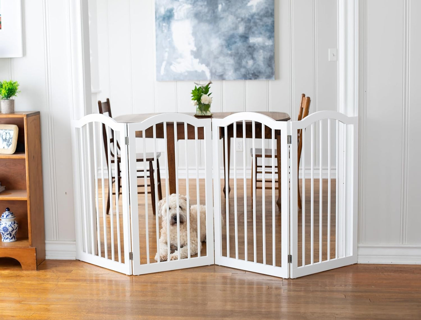 INTERNET'S BEST Arched Top Dog Gate | 4 Panel, 24" H Wooden Pet Barrier for Dogs or Cats | Freestanding Folding Room Divider for Doorways, Hallways, Stairs, and Porch | Portable, Extra Wide | Espresso