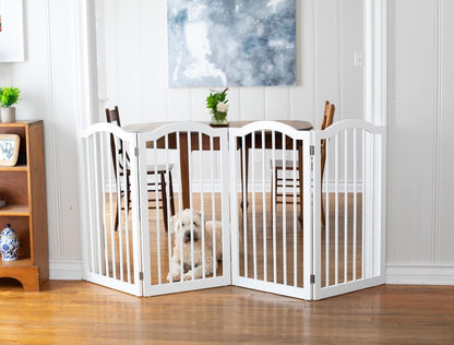 INTERNET'S BEST Arched Top Dog Gate | 4 Panel, 24" H Wooden Pet Barrier for Dogs or Cats | Freestanding Folding Room Divider for Doorways, Hallways, Stairs, and Porch | Portable, Extra Wide | Espresso