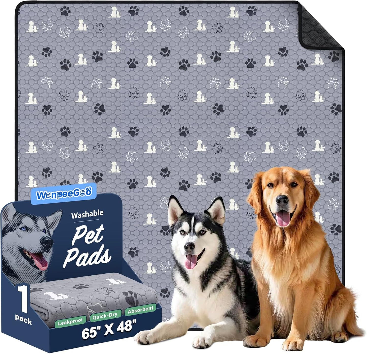 WanpeeGoo Washable Pee Pads for Dogs, 4 Pack Absorbent Reusable Training Dog Pads Pet Puppy Pads, Non-Slip Potty Pads for Whelping, Playpen, Crate, Bed, Grey 18"x24"