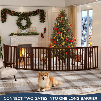 Homykic Bamboo Freestanding Dog Gate, No Assembly Pet Gate Indoor, 24”H x 75”W Extra Wide Foldable Puppy Fence with Support Feet for the House, Doorways Stairs, 4 Panels, No Drilling, Espresso